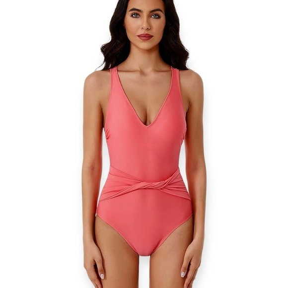 🌻NEW BCA by Rebecca Virtue Tori Coral Twist One Piece Plunge Swimsuit Size M - Picture 1 of 11